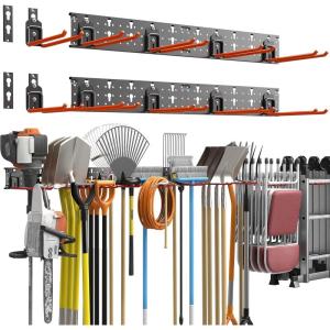 image:imageTORACK Garden Tool Organizer Wall Mount Garage Folding Chair Storage Rack Tools Rack for Shovels Rakes Broom Ladders Hooks for Keyhole Style Shelving Unit4 panels with 10 hooks