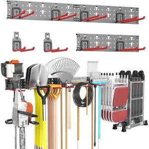 image:imageTORACK Garden Tool Organizer Wall Mount Garage Folding Chair Storage Rack Tools Rack for Shovels Rakes Broom Ladders Hooks for Keyhole Style Shelving Unit3 panels with 8 hooks