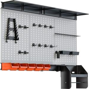 image:imageTORACK Pegboard Wall Organizer 4 ft Garage Metal Pegboard Tool Organizer System Tools Storage Peg Board Kit with Hooks and Accessories Wall Mounted Storage Bins Overhead ShelvesGrey