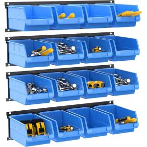 image:imageTORACK WallMounted Storage Bins 16 Plastic Bins for Tools Organization in Garage Craft Room and Shop4Pack BlueBlueblack